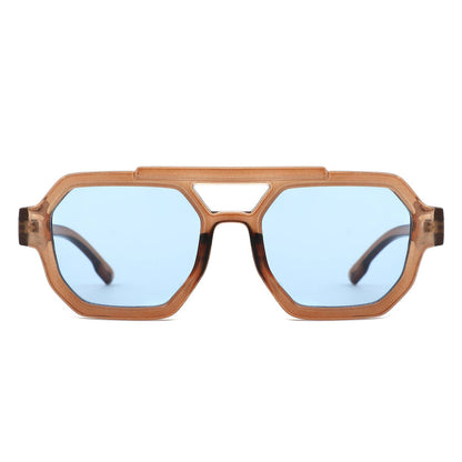 Square Geometric Block Aviator Brow-Bar Sunglasses